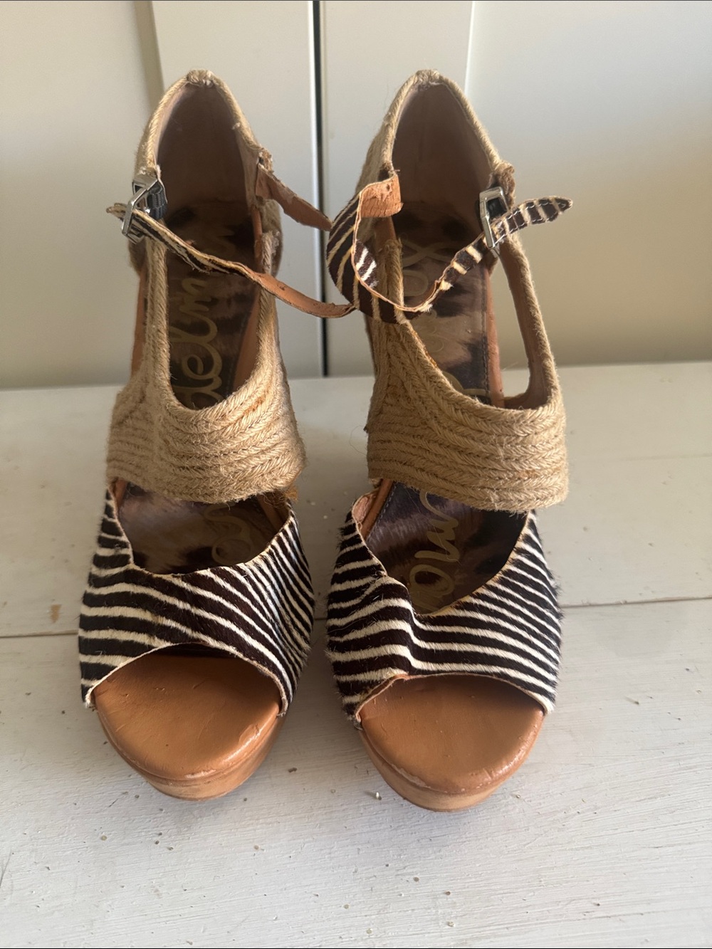 Wedge Sandals in Zebra Print and Tan